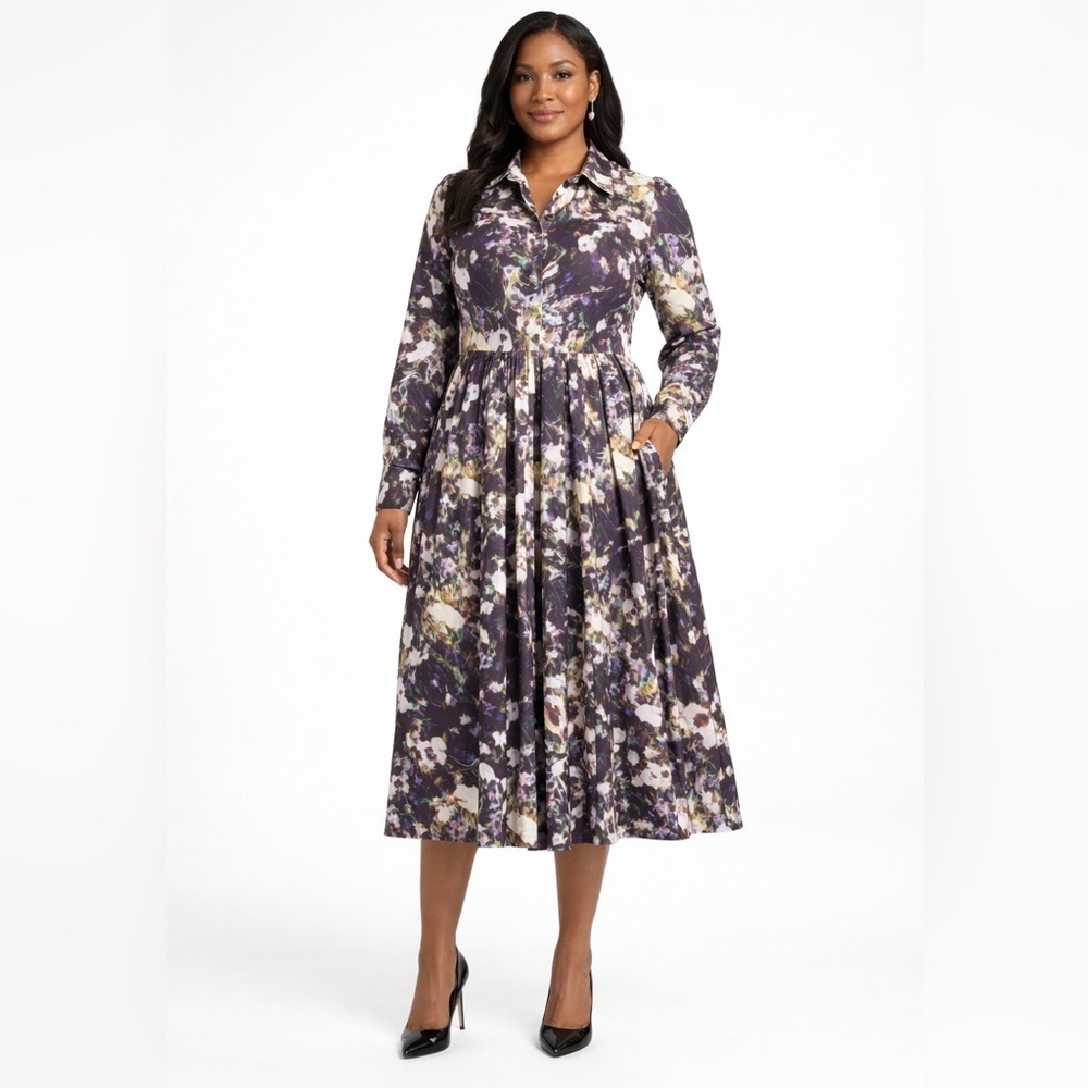 Dalia MacPhee Plus Size Floral Midi Shirt Dress 1X Long Sleeve Fit & Flare